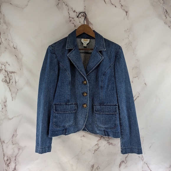 Talbots Blazer Womens 10 Medium Jean Denim Stretch Pocket 3 Button Cotton - Picture 1 of 12